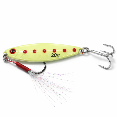 Gult självlysande skeddrag på 20g med tafs fram